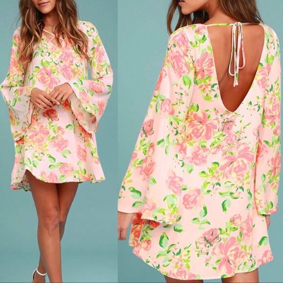 Lulus Blush Floral Long Bell Sleeve Open Back Swing  Dress XS NWT - Picture 2 of 8